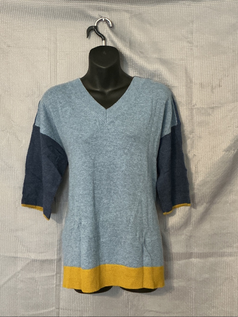 Anthropologie Light Blue V-Neck Pullover with Navy Sleeves & Mustard Hem